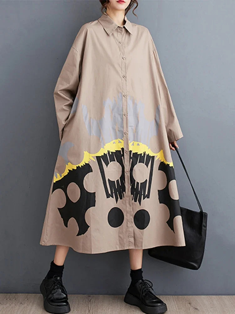 XITAO Casual Print Shirt Dress Loose Fashion Long Sleeve Turn-down Collar Women 2024 Initial Spring New Shirt Dress LYD1472