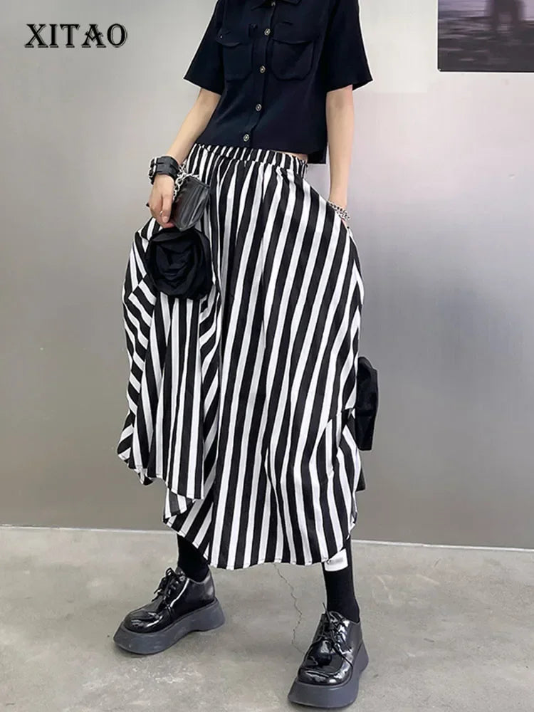 XITAO Striped Skirt Fashion  Women Leopard Floral Patchwork Small Fresh Elastic Waist 2024 Summer Minority Loose Skirt ZXR1515