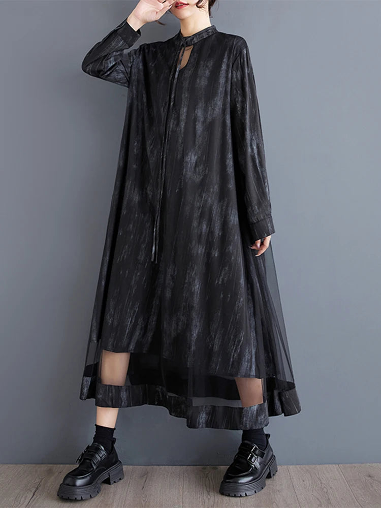 XITAO Casual A-line O-neck Solid Color Mid-calf Dress Trendy Mesh New Arrival Patchwork Fashion Autumn Women Dress GMM1112