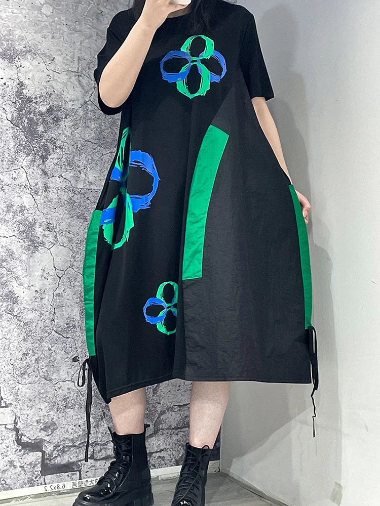 XITAO Print T-shirt Dress Loose Fashion Casual Women Summer New Draw String Hem Irregular Contrast Color Flower Print WLD6862