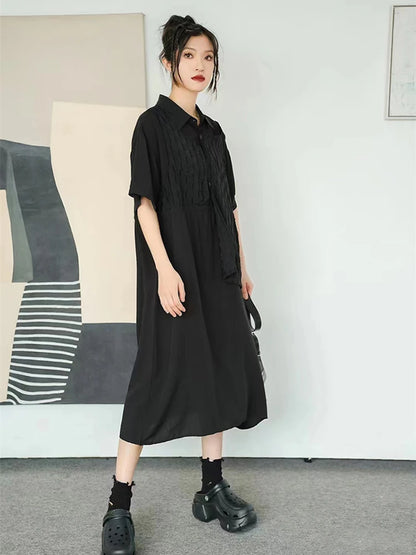 XITAO Turn-down Collar Patchwork Dress Solid Color Short Sleeve Pullover Loose Slimming Dress 2024 Summer New All Match WLD20146