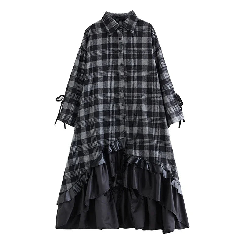 XITAO Plaid Flare Sleeve Asymmetrical Dress Single Breasted Turn-down Collar Patchwork Fashion Shirt Dresses 2024 Autumn LJ1010