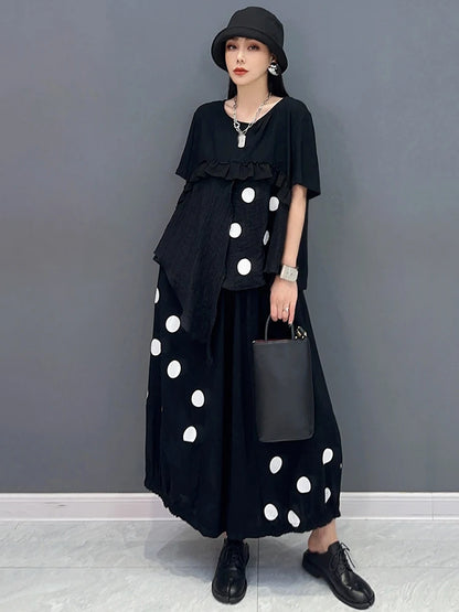 XITAO Casual Asymmetric Dot Two Piece Set Personality Patchwork Top Women Summer New Loose All-match Ankle Length Pants ZY8717