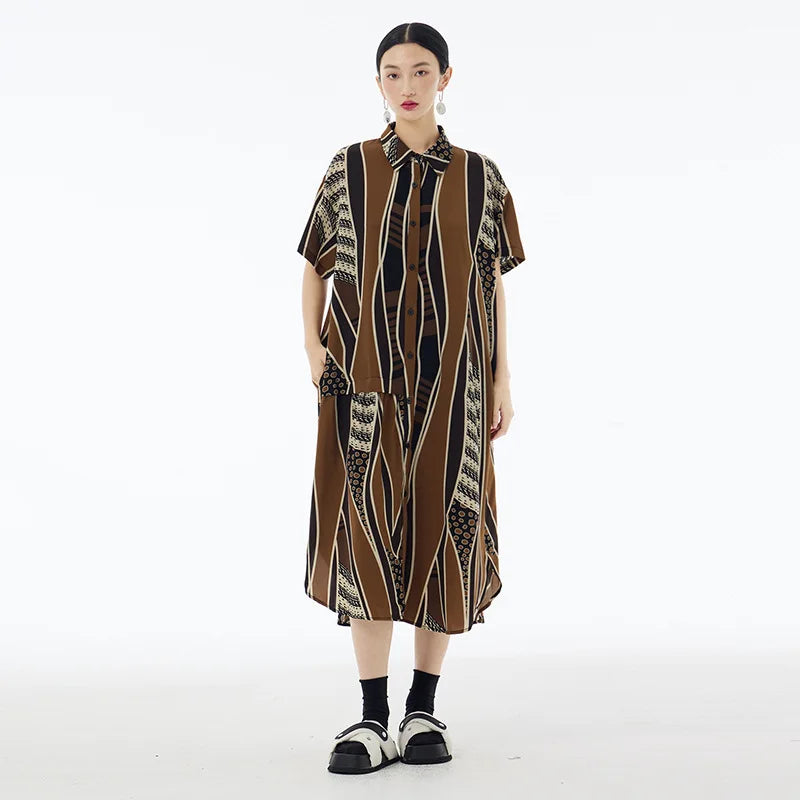 XITAO False Two Pieces Dress Irregular Striped Geometry Print Splicing Women Short Sleeve Shirt Dress Summer New ZY8831