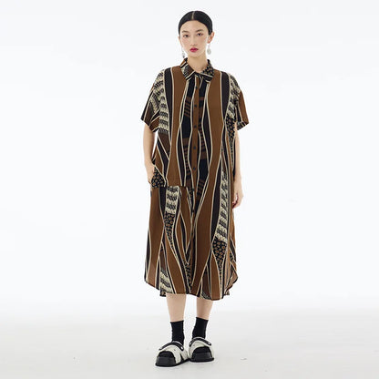 XITAO False Two Pieces Dress Irregular Striped Geometry Print Splicing Women Short Sleeve Shirt Dress Summer New ZY8831