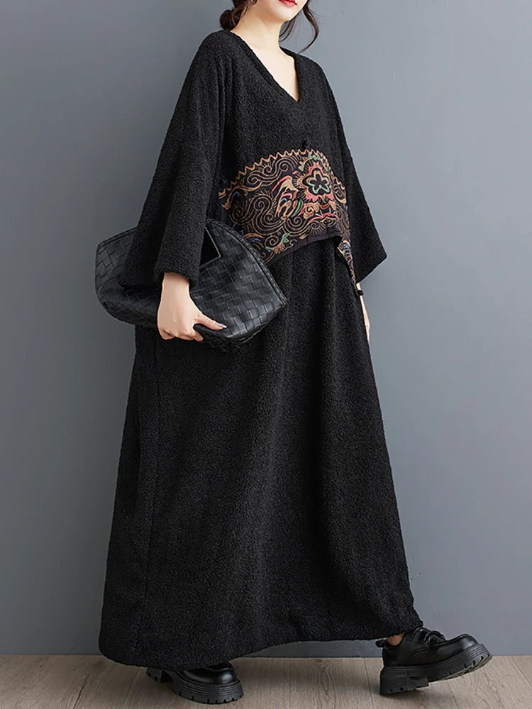 XITAO Embroidery Patchwork Batwing Sleeve Dresses V-neck Pullover Loose Slimming Mid-Calf Casual Dresses 2024 Autumn New LJ1046