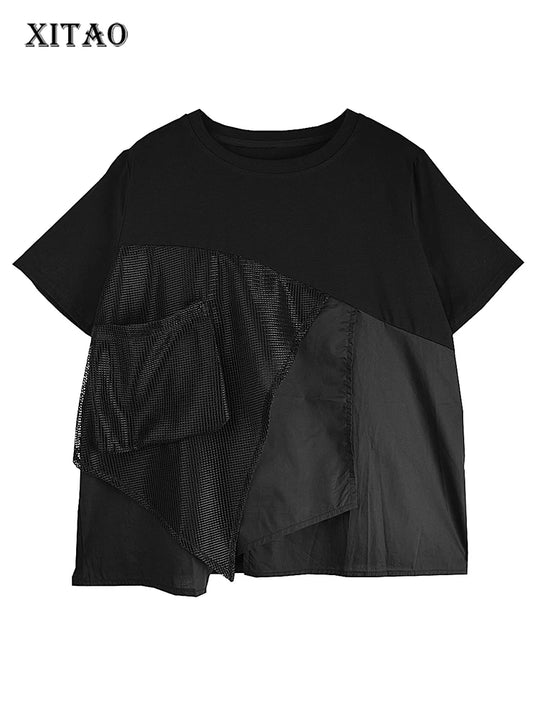 XITAO Solid Color Patchwork Hollow Out T-shirt O-neck Short Sleeve Simplicity All-match 2024 Summer Women New T-shirt GJ1046