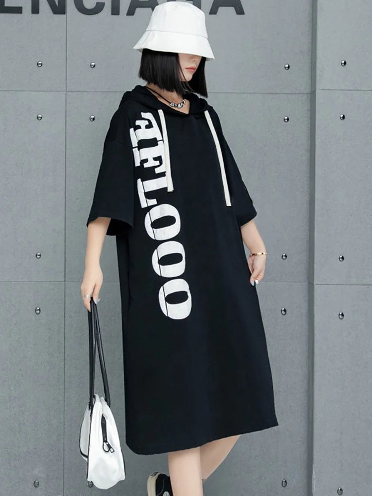 XITAO Hooded Letter Printing Drawstring Dress Casual Loose Fitting Knee-length Half Sleeve Pullover Summer Women Dress GMM1194