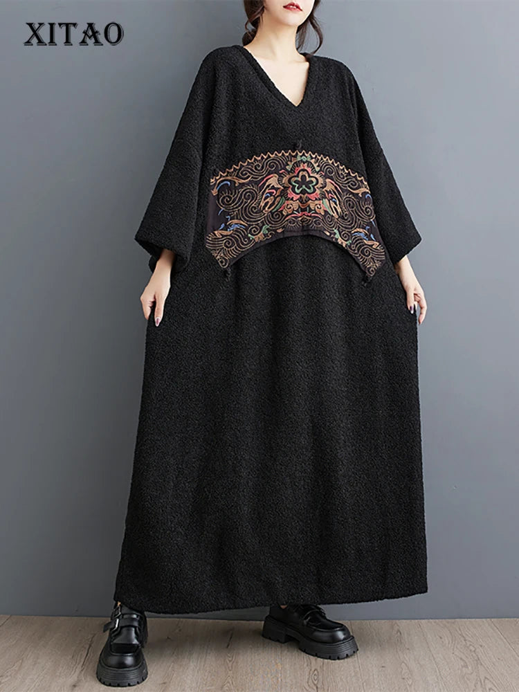 XITAO Embroidery Patchwork Batwing Sleeve Dresses V-neck Pullover Loose Slimming Mid-Calf Casual Dresses 2024 Autumn New LJ1046