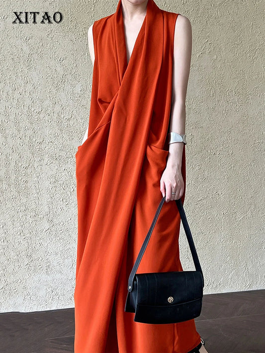 XITAO Solid Color Temperament Sleeveless Female Dress Deep V-neck Folds Casual Loose Long Dress Summer New Women GJ1066