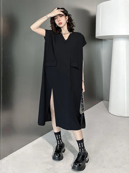 XITAO Side Split Casual Dress O-neck Short Sleeve Pullover Solid Color Simplicity Loose Summer Fashion Women New Dress LYD1769