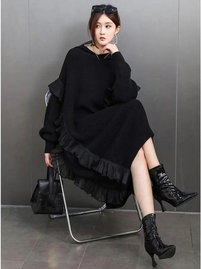 XITAO Ruffles Batwing Sleeve V-neck Dress Fashion Casual Solid Color Straight Knitting Mid-calf Loose Autumn Women Dress GMM1294