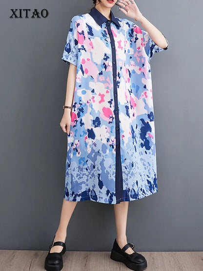 XITAO Fashion Casual Print Dress Loose Fashion Turn-down Collar Women Shirt Dress Summer New Temperament Shirt Dress WLD16704