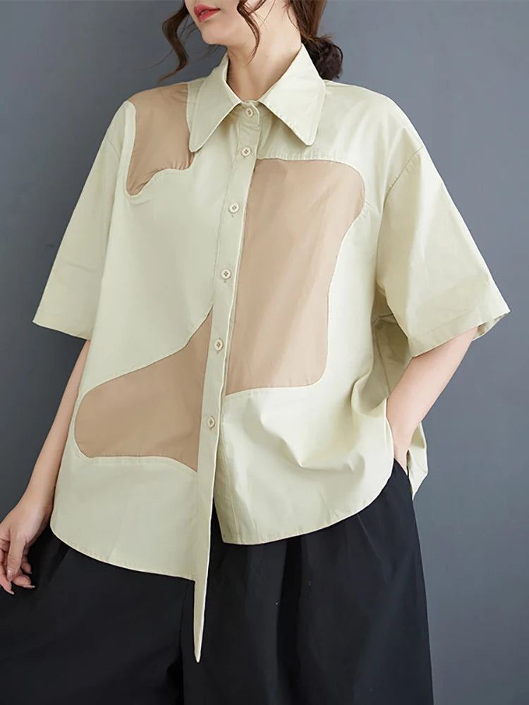 XITAO Asymmetrical Contrast Color Women Shirt Turn-down Collar Single Breasted Short Sleeve All Match Tops 2024 Summer ZY8798