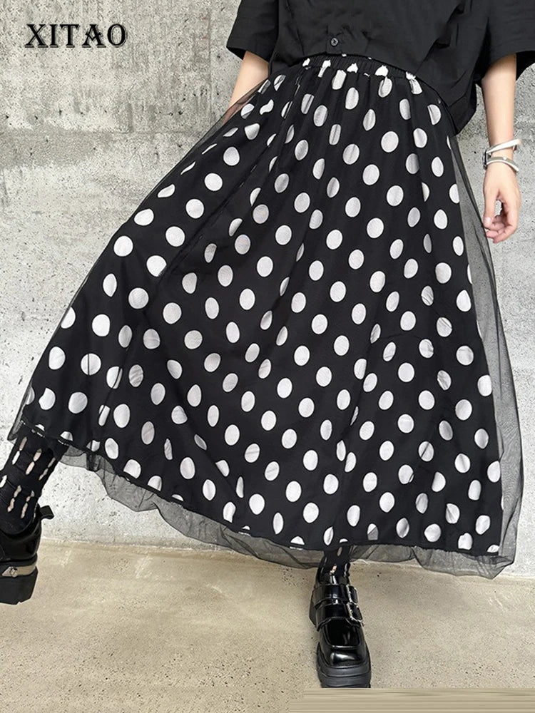 XITAO Vintage Patchwork Gauze Skirt Fashion Dot Women Summer New Loose All-match Slimming A-line Simplicity Skirt ZY8764