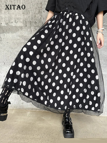 XITAO Vintage Patchwork Gauze Skirt Fashion Dot Women Summer New Loose All-match Slimming A-line Simplicity Skirt ZY8764