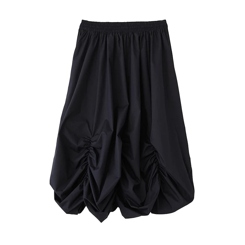 XITAO Bud Fold Elastic Waist Solid Color Skirt Casual Loose Fitting A-line Ankle-length Patchwork Fashion Female Skirt GMM1282