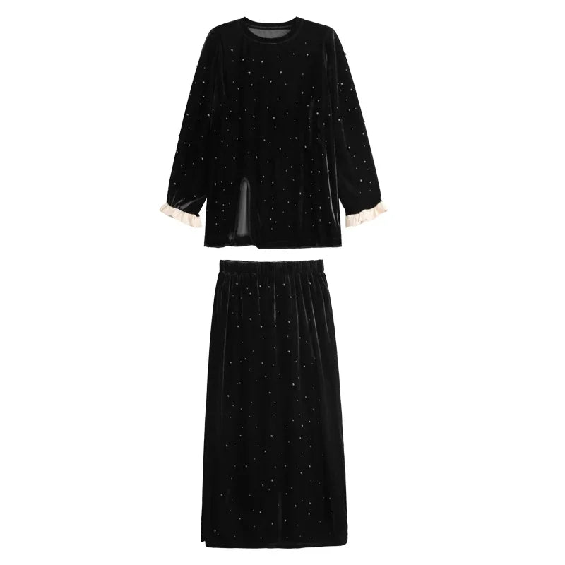 XITAO Embroidered Flares Velvet Top Half Skirt Two Piece Set O-neck Pullover Split Top Elastic Waist Ankle Length Skirt GYX1063