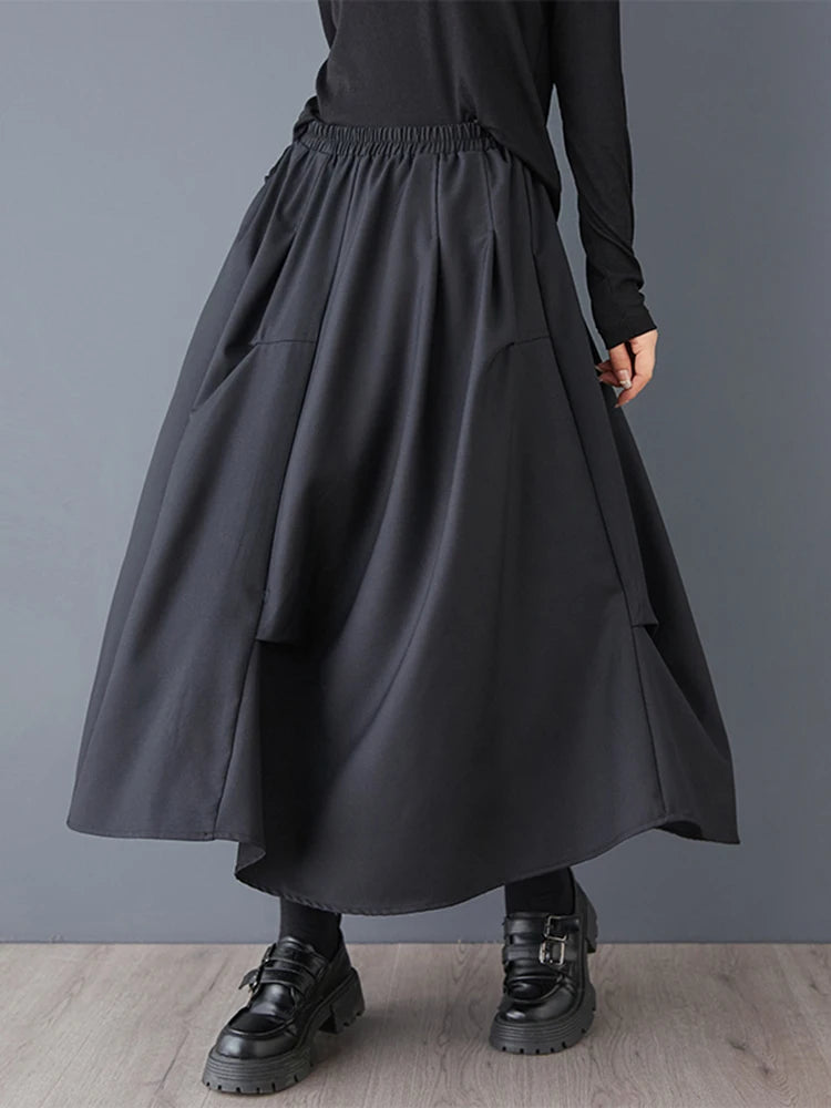 XITAO A-line Casual Solid Color Mid-calf Women Skirt Irregular Loose Thin Fashion Elastic Waist Fold Autumn Female Skirt GMM1026