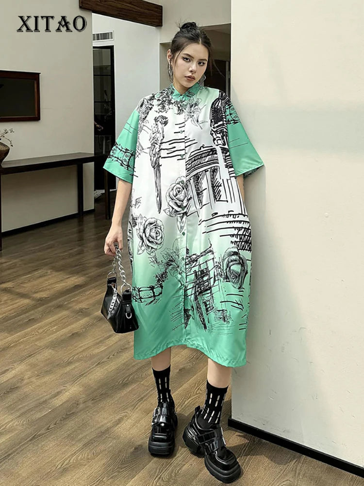 XITAO Chinese Style Printing Short Sleeve Dress Vintage Fashion Female New Summer Single Breasted A-line Shirt Dress DMJ4080