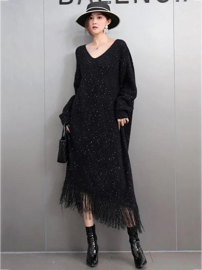 XITAO Sequined Tassel V-neck Full Sleeve Dress Europe Casual Solid Color A-line Mid-calf Knitting Autumn Women Dress GMM1279