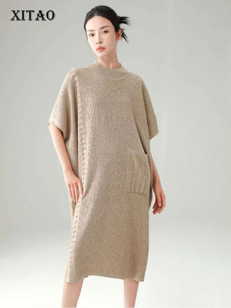 XITAO Knitting Batwing Sleeve Pocket Dress Solid Color Pullover Loose Mid-calf 2024 Spring New Arrival Fashion All Match LYD1056