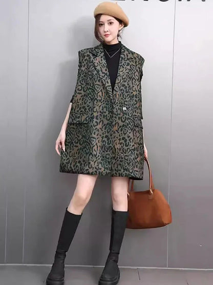 XITAO Leopard Print Sleeveless Pocket Lapel Coat Hong Kong Vintage Suit Collar Casual Loose Fitting Autumn Women Vest GMM1213