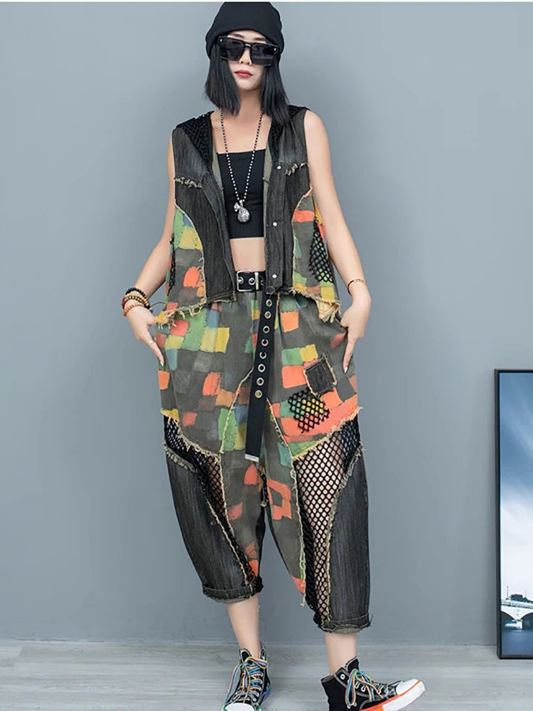 XITAO Gauze Patchwork Contrast Color Pant Sets Sleeveless Hooded Loose Vest Elastic Waist Pocket Pants Summer Fashion HQQ2344