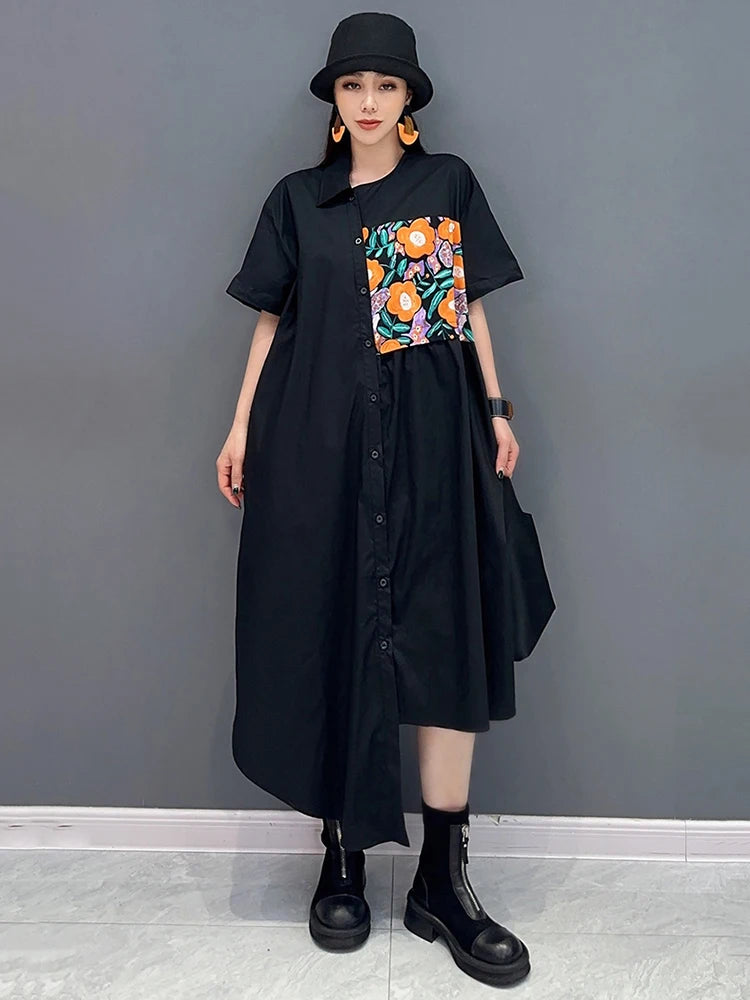 XITAO Loose Asymmetric Shirt Dress Fashion Patchwork Print Women Summer New Casual Irregular Single Breasted Dress DMJ4093