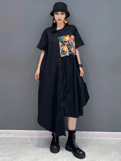 XITAO Loose Asymmetric Shirt Dress Fashion Patchwork Print Women Summer New Casual Irregular Single Breasted Dress DMJ4093