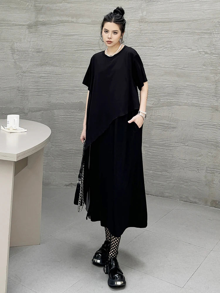 XITAO Black Casual Dress False Two Pieces Asymmetrical Patchwork T-shirt Dress Summer New Simplicity Women HQQ2357