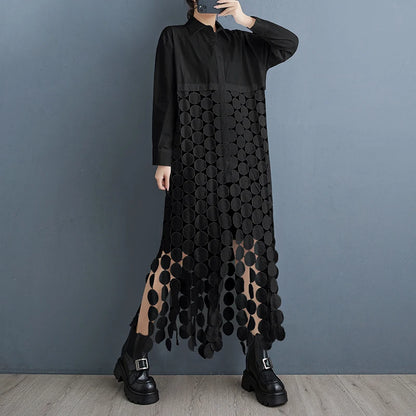 XITAO Hollow Out Patchwork Tassel Single Breasted Dress Hong Kong A-line Solid Color Full Sleeve Autumn Female Dress GMM1176