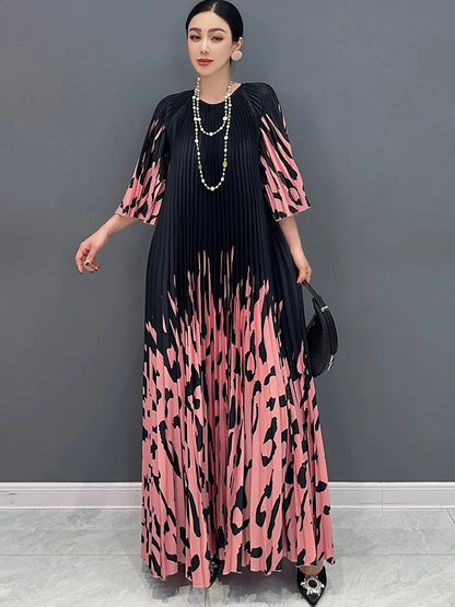 XITAO Print Pleated O-neck Three Quarter Sleeve Dress Elegant Temperament Loose  Fashion Summer New Goddess Fan Dress LYD1881