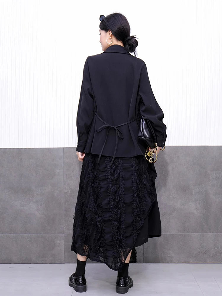 XITAO Lace Patchwork Asymmetrical Dress Sets Solid Color Turn-down Collar Long Sleeve Loose Top Elastic Waist Skirt ZY8931