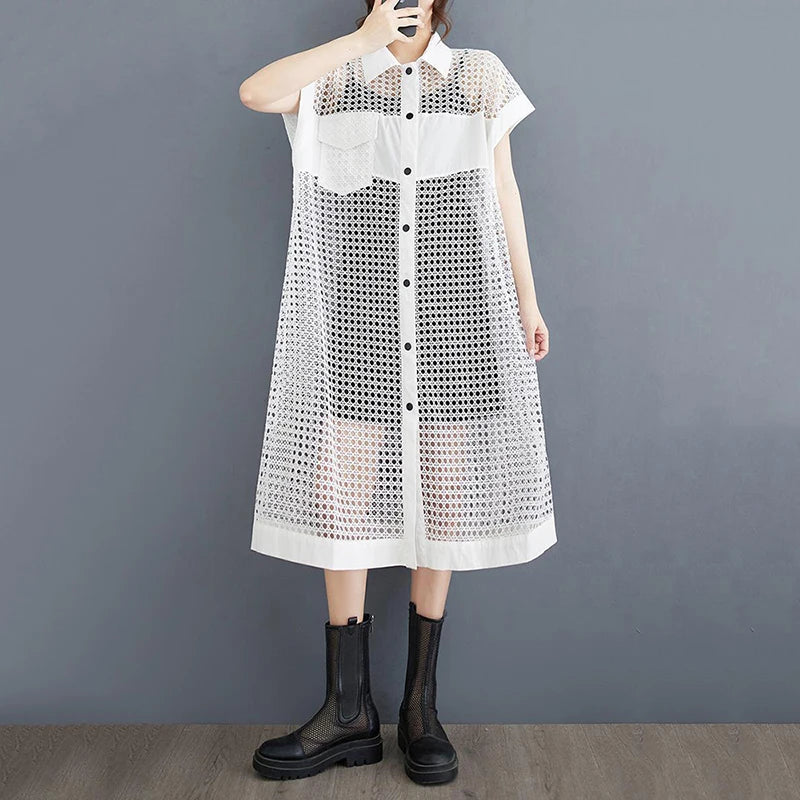 XITAO Mesh Hollowing Shirt Dress Loose Fashion Loose Turn-down Collar Single Breasted Dress 2024 Summer New Women HQQ2336