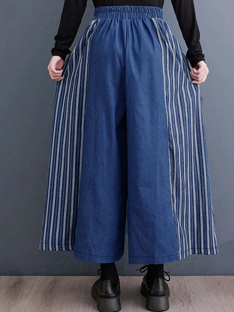 XITAO Casual Striped Wide Leg Pants Patchwork Fashion All Match Spring Loose Women New Ankle Length Pants DMJ2741