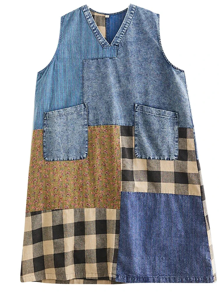 XITAO Sleeveless Denim Plaid Dress Fashion Simplicity V-neck Pullover Vintage Patchwork Dress Summer New Women HQQ1088