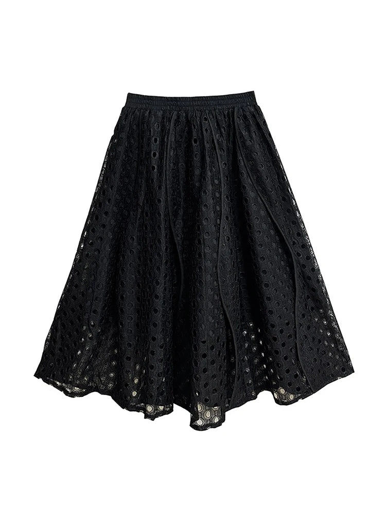 XITAO A-line Loose Solid Color Mid-calf Female Skirt Casual Hollow Out Lace Fashion Grace New Autumn Women Skirt GMM1103