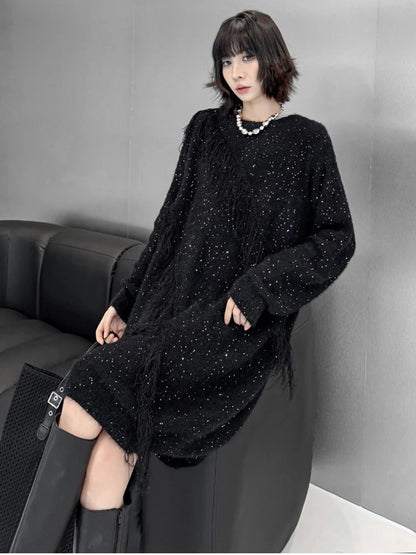 XITAO Casual Tassel O-neck Dress Loose Fashion Sequin Women Personality Trendy Solid Color Slimming Irregular Dress GYX1701