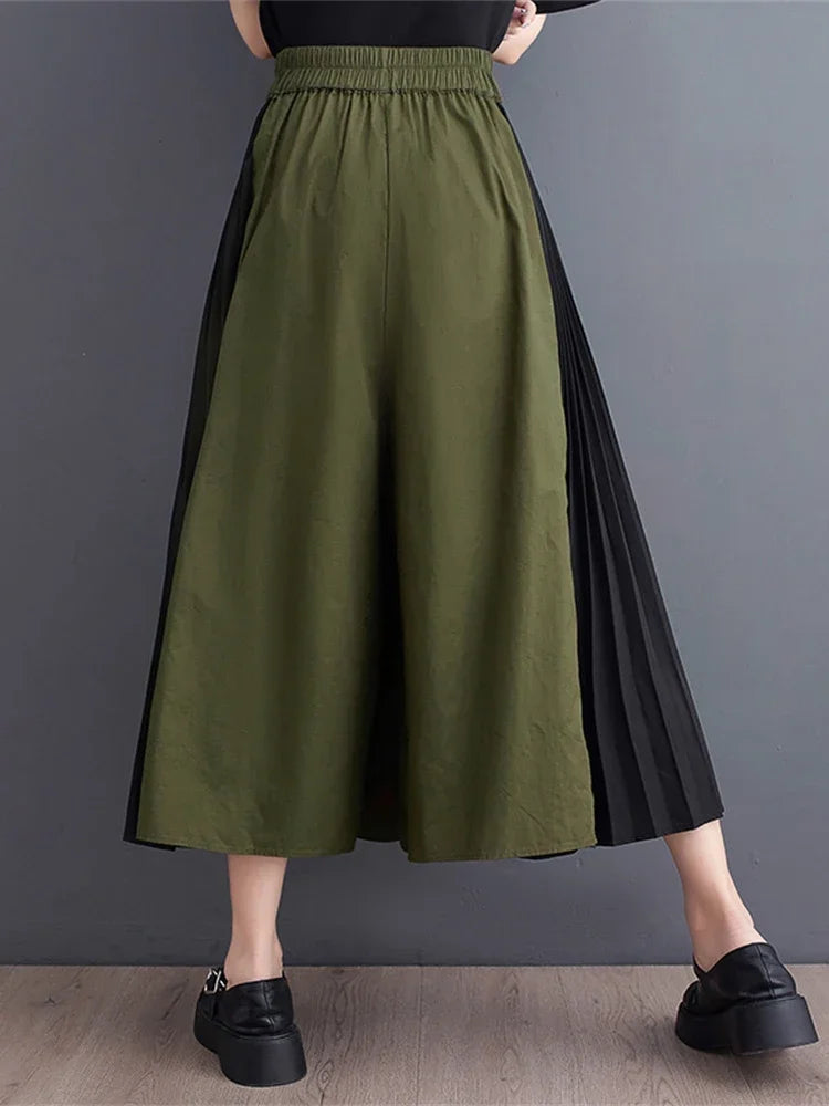 XITAO Women Pants Fashion New Small Fresh Pocket Pleated Elastic Waist Solid Color New Wide Leg Pants Summer WLD11629