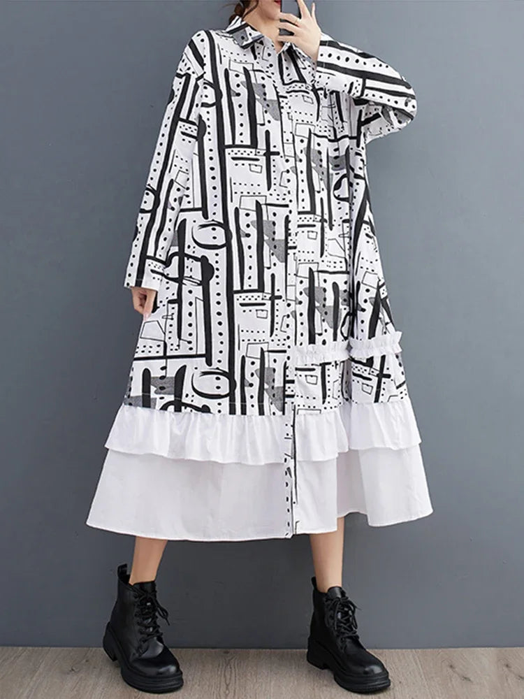 XITAO Irregular Print Shirt Dress Fashion Edible Tree Fungus Patchwork Women spring summer New Arrival  Loose Dress CX1028