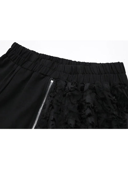 XITAO Irregular Zipper Patchwork Lace Elastic Waist Skirt Casual Loose Fitting A-line Mid-calf Solid Color Women Skirt GMM1224