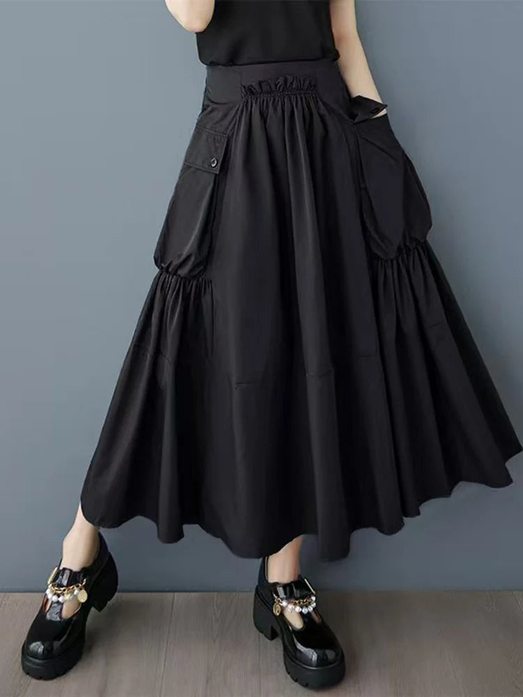 XITAO Casual Folds Big Pocket Female Skirt Simple Solid Color All-match Women Loose Fashion A-line Irregular Skirt GMM1299