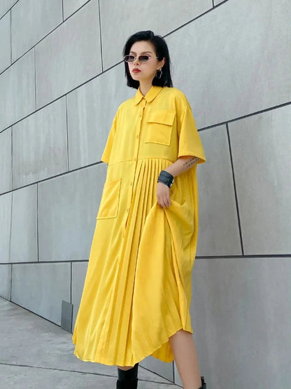 XITAO  Dress Fashion New Women Pocket  Vintage Single Breast Goddess Fan Minority Style Loose Dress DMY4747