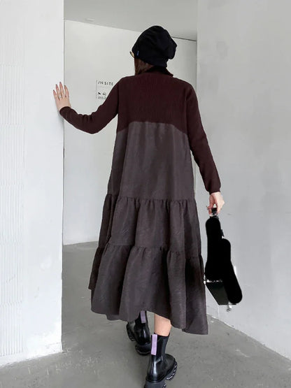 XITAO Knitting Patchwork Dress Fashion Turtleneck Pullover False Two Pieces Women Spring Loose Simplicity Casual Dress WLD13086