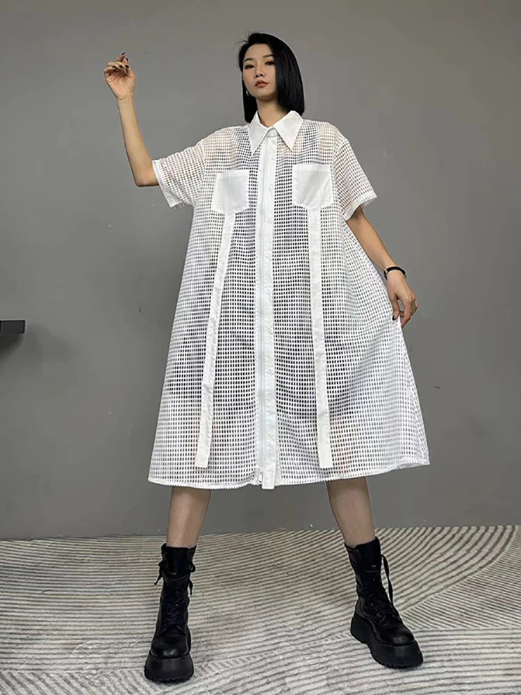 XITAO Hollow Out Perspective Shirt Dress Turn Down Collar Short Sleeve Splicing Pockets Summer Fashion Women New Dress LYD1765