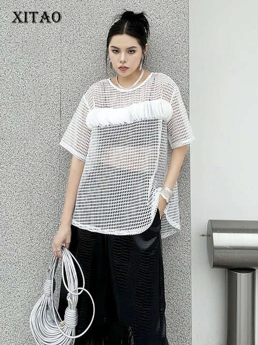 XITAO Hollow Out Mesh Patchwork Pullover T-shirts Solid Color O-neck Short Sleeve Loose Fashion Tops Summer All Match HQQ2305