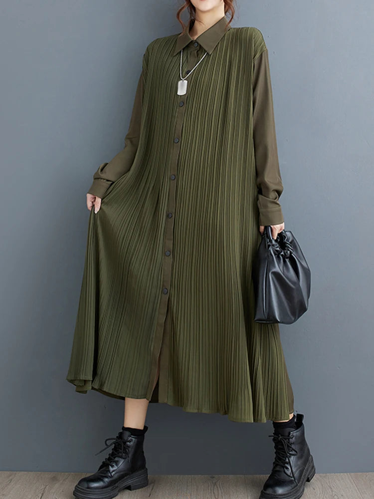 XITAO Full Sleeve Solid Color Patchwork Pleated A-line Dress Loose Fashion Slimming Casual Women Autumn Women Dress ZY8905