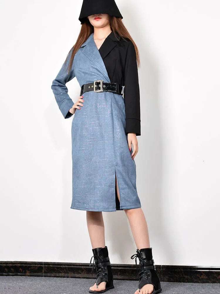 XITAO Patchwork Sashes Casual Dress Women Wide Waisted 2024 Spring Fashion Tide New Style Turn Down Collar Long Sleeve GCC2824