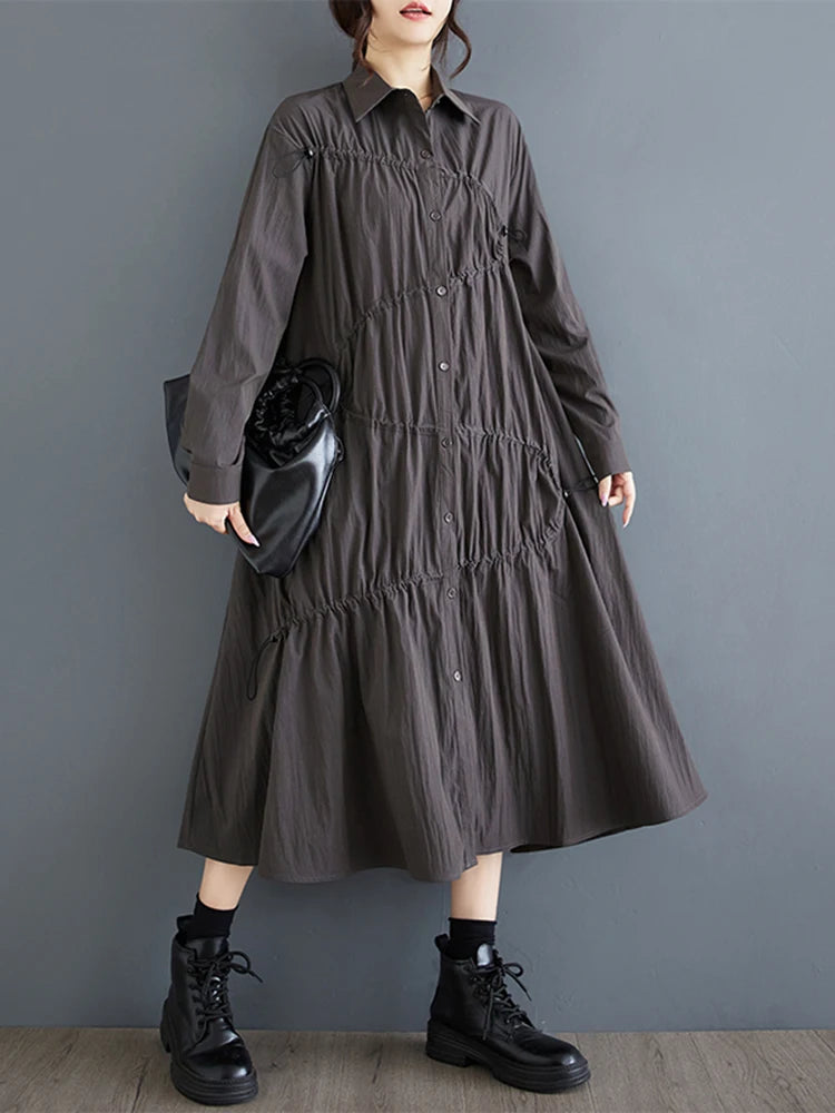 XITAO Loose Fashion Pleated Female Dress Long Sleeve Mid Calf Temperament Turn Down Collar Loose A-line Dresses Autumn GYX1048